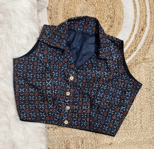 Natural Dye Ajrakh Collar Neck Blouse with Wooden Button
